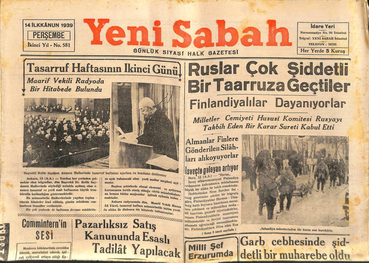 Yeni Sabah Gazetesi 14 Aralık 1939 - Berlinde Bir Beyaz Kitab Neşredildi - Ruslar Çok Şiddetli Bir Taarruza Geçtiler GZ141113 - 1