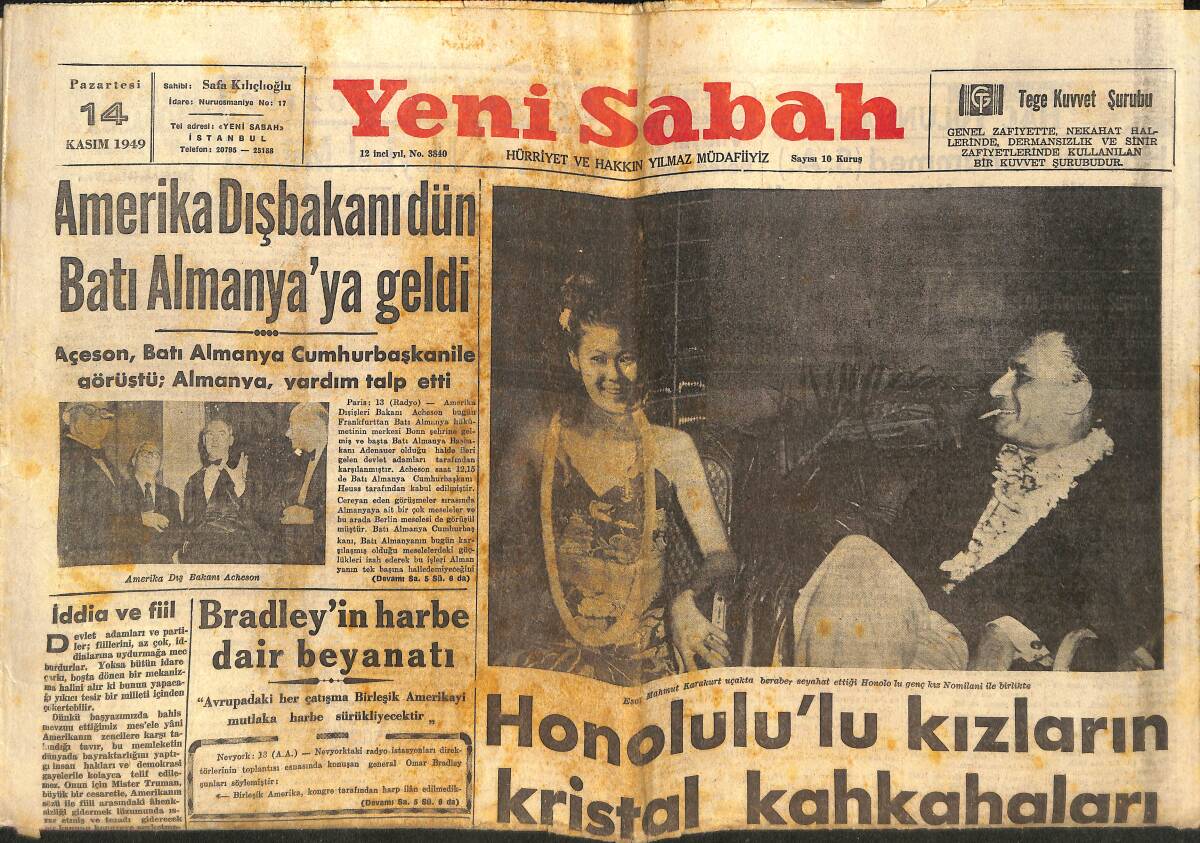 Yeni Sabah Gazetesi 14 Kasım 1949 - Honolulu Kızların Kristal Kahkahaları - Bradley'İn Harbe Dair Beyanatı - CHP Beşiktaş Ve Beykoz Kongreleri! GZ146655 - 1