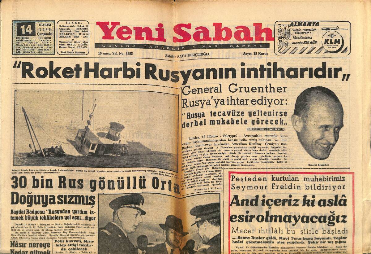Yeni Sabah Gazetesi 14 Kasım 1956 - Semplon Ekspresi Devrildi - Roket Harbi Rusyanın İntiharıdır GZ148379 - 1