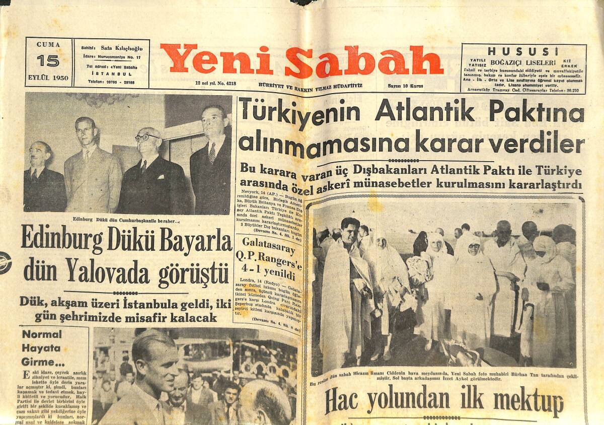Yeni Sabah Gazetesi 15 Eylül 1950 - Türkiye'nin Atlantik Paktına Alınmasına Karar Verdiler - Rus Kamplarında İnleyen Almanlar GZ142308 - 1