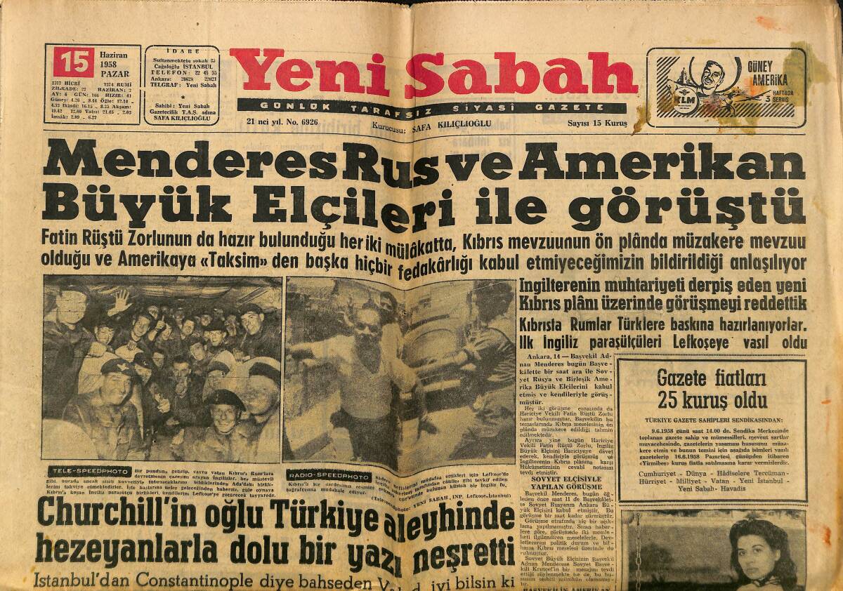 Yeni Sabah Gazetesi 15 Haziran 1958 - Lübnan'da Çarpışmalar Yeniden Şiddetlendi - Cahit Arif Tunger Baro Başkanı Oldu GZ148333 - 1
