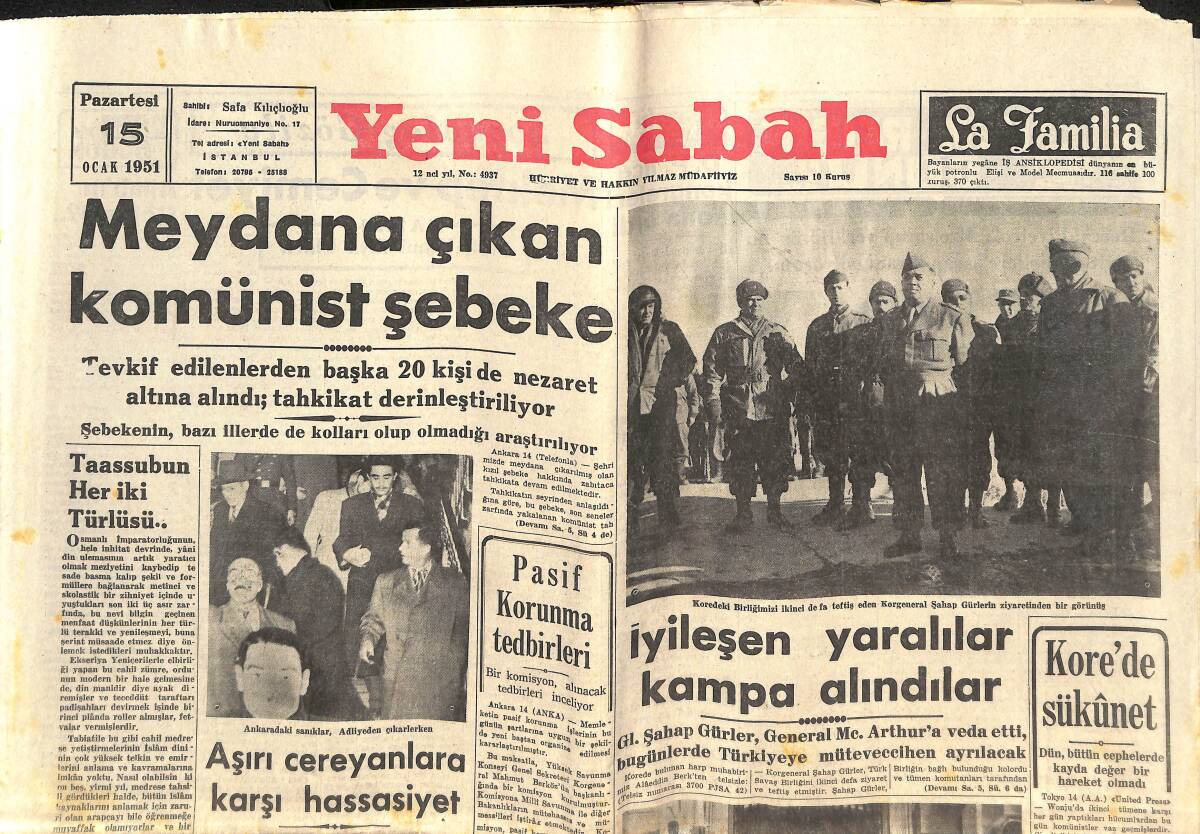Yeni Sabah Gazetesi 15 Ocak 1951 - Meydana Çıkan Komünist Şebeke - Batı Almanya'nın Doğu İle Birleşmesi GZ142578 - 1