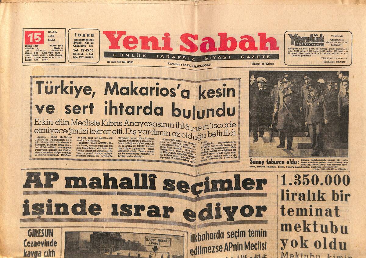 Yeni Sabah Gazetesi 15 Ocak 1963 - Galatasaray Formasına Ay Yıldız Takacak - Sunay Taburcu Oldu GZ148860 - 1