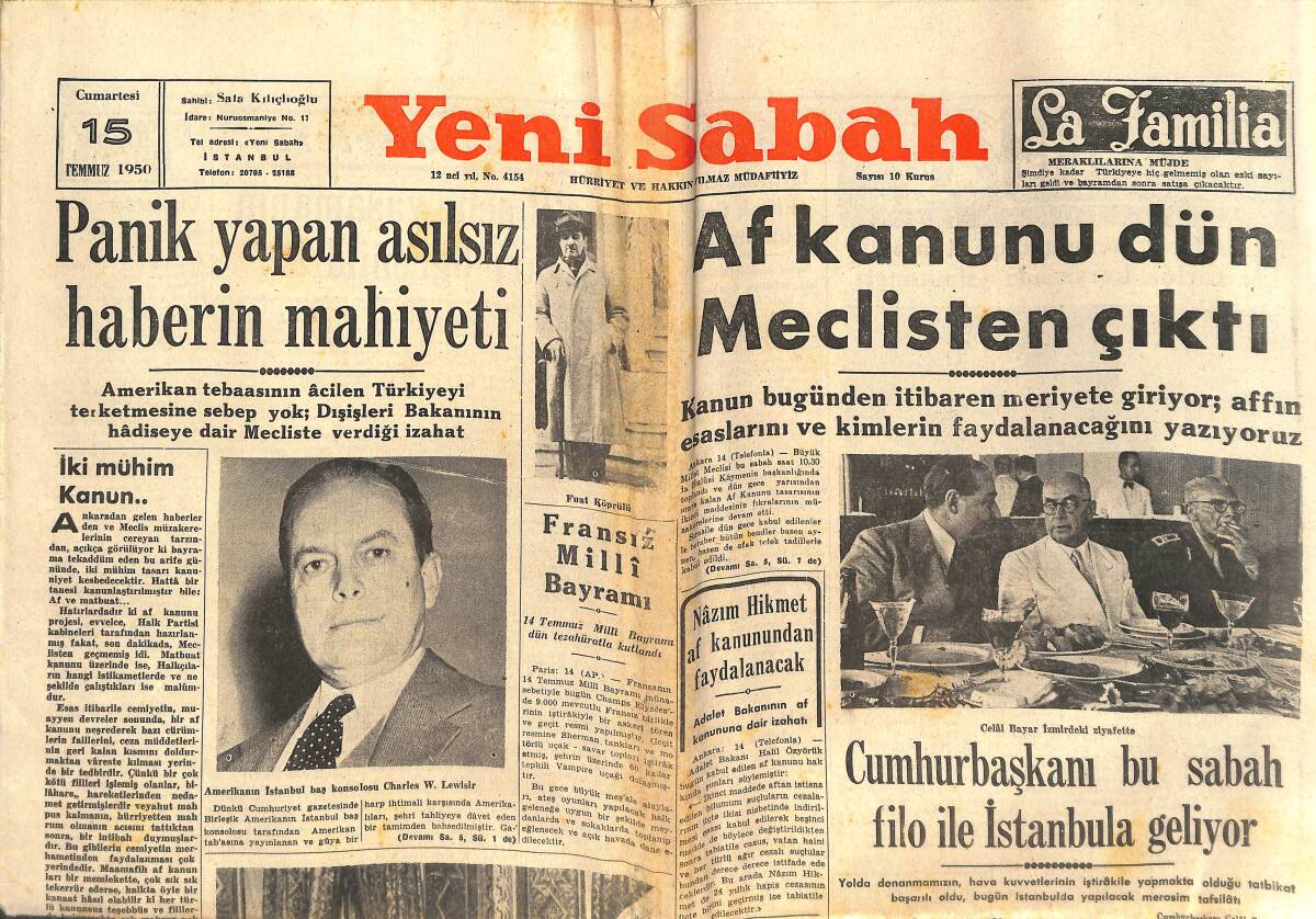 Yeni Sabah Gazetesi 15 Temmuz 1950 - Af Kanunu Dün Meclisten Çıktı - Kore'de Şiddetli Savaşlar Başladı! GZ142531 - 1
