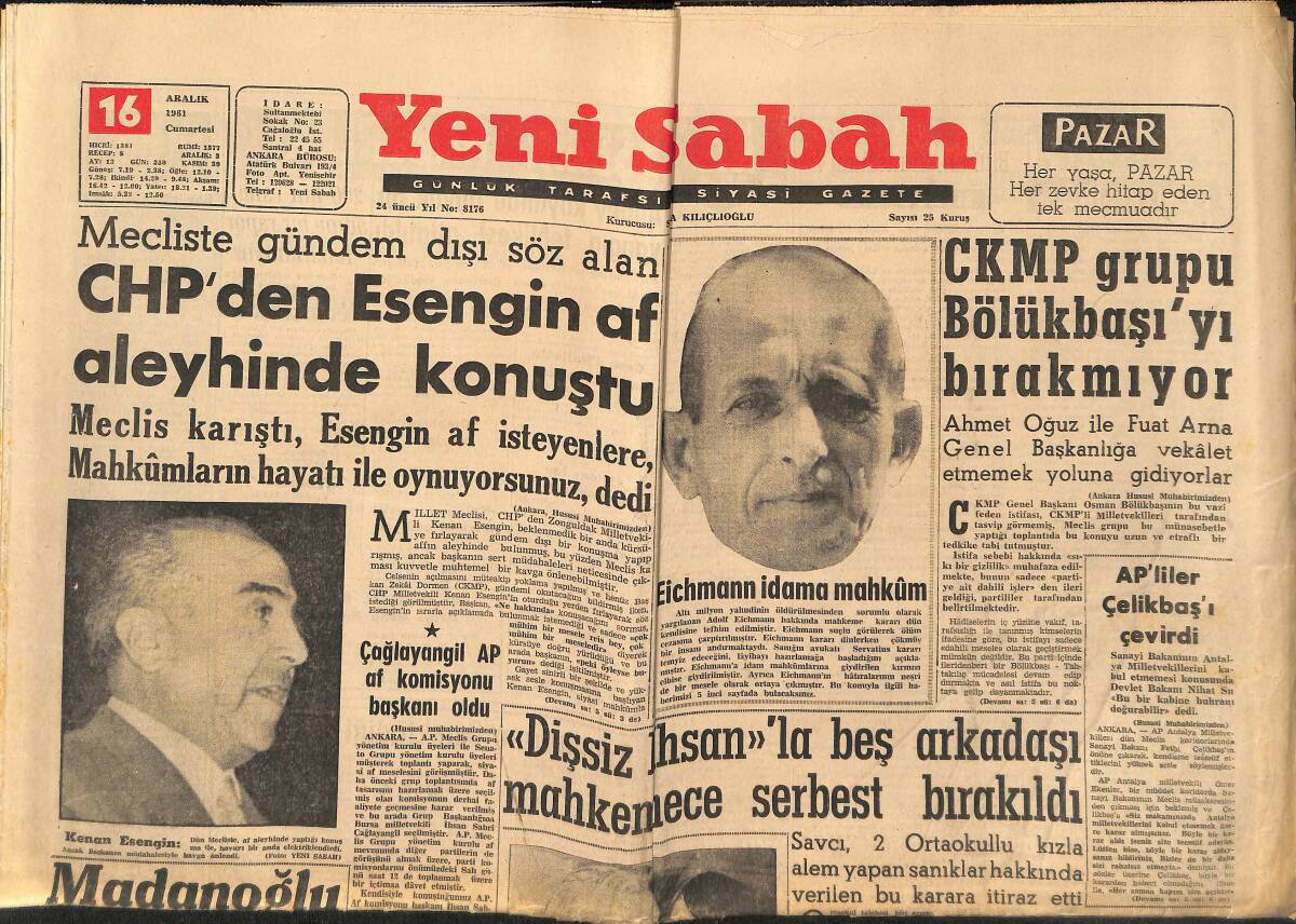 Yeni Sabah Gazetesi 16 Aralık 1961 - CKMP Grupu Bölükbaşı'yı Bırakmıyor - Eichmann İdama Mahkûm GZ148361 - 1