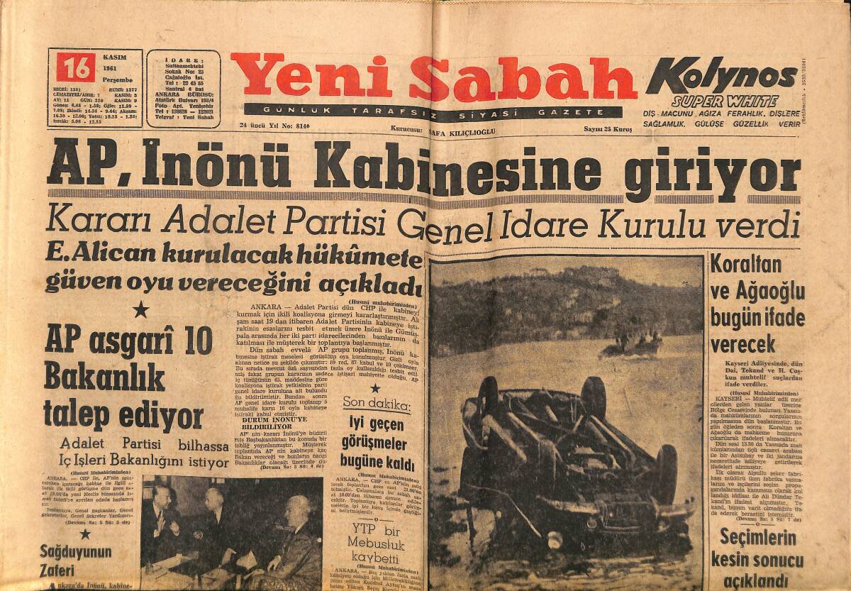 Yeni Sabah Gazetesi 16 Kasım 1961 - Nebahat Aslan İçin Ağır Hapis İstendi - AP , İnönü Kabinesine Giriyor GZ148385 - 1