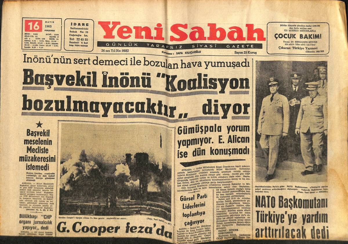Yeni Sabah Gazetesi 16 Mayıs 1963 - NATO Başkomutanı Türkiye'ye Yardım Arttırılacak Dedi - Beşiktaş Galatasaray'ı 2-1 Yendi GZ148490 - 1