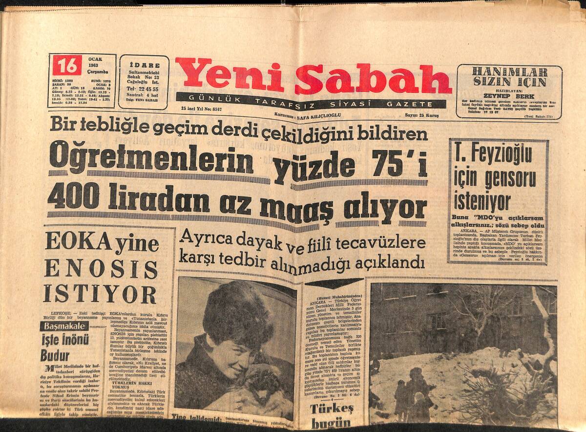 Yeni Sabah Gazetesi 16 Ocak 1963 - Milan, İstanbul'da Kapalı Defans Yapmaya Karar Verdi - Gina Lollobrigida Paris'e Yerleşiyor GZ148859 - 1