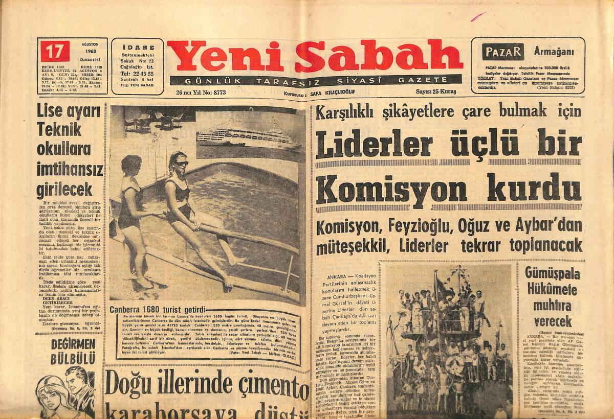 Yeni Sabah Gazetesi 17 Ağustos 1963 - Maximilian Schell Bir Gazeteyi Yalanladı - Doğu İllerinde Çimento Karaborsaya Düştü GZ148405 - 1