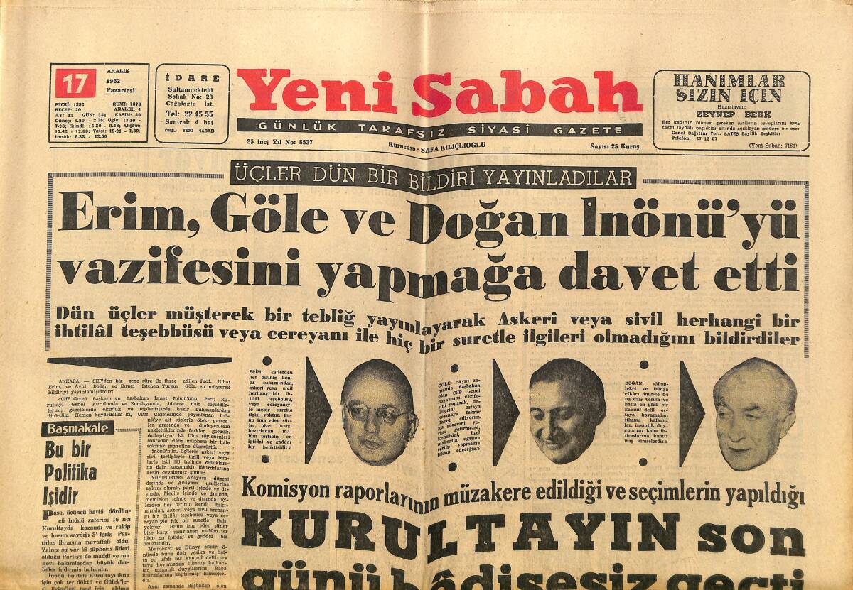 Yeni Sabah Gazetesi 17 Aralık 1962 - Karakter Artisti Charles Laughton Kanserden Öldü - Kurultay'da Yüzümüzü Kızartan Bir Gazeteci GZ148265 - 1