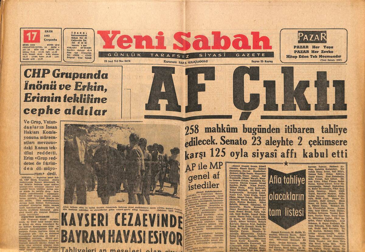 Yeni Sabah Gazetesi 17 Ekim 1962 - Kayseri Cezaevinde Bayram Havası Esiyor - Üsküdar Soygunu Failleri Dün Tutuldu GZ148865 - 1
