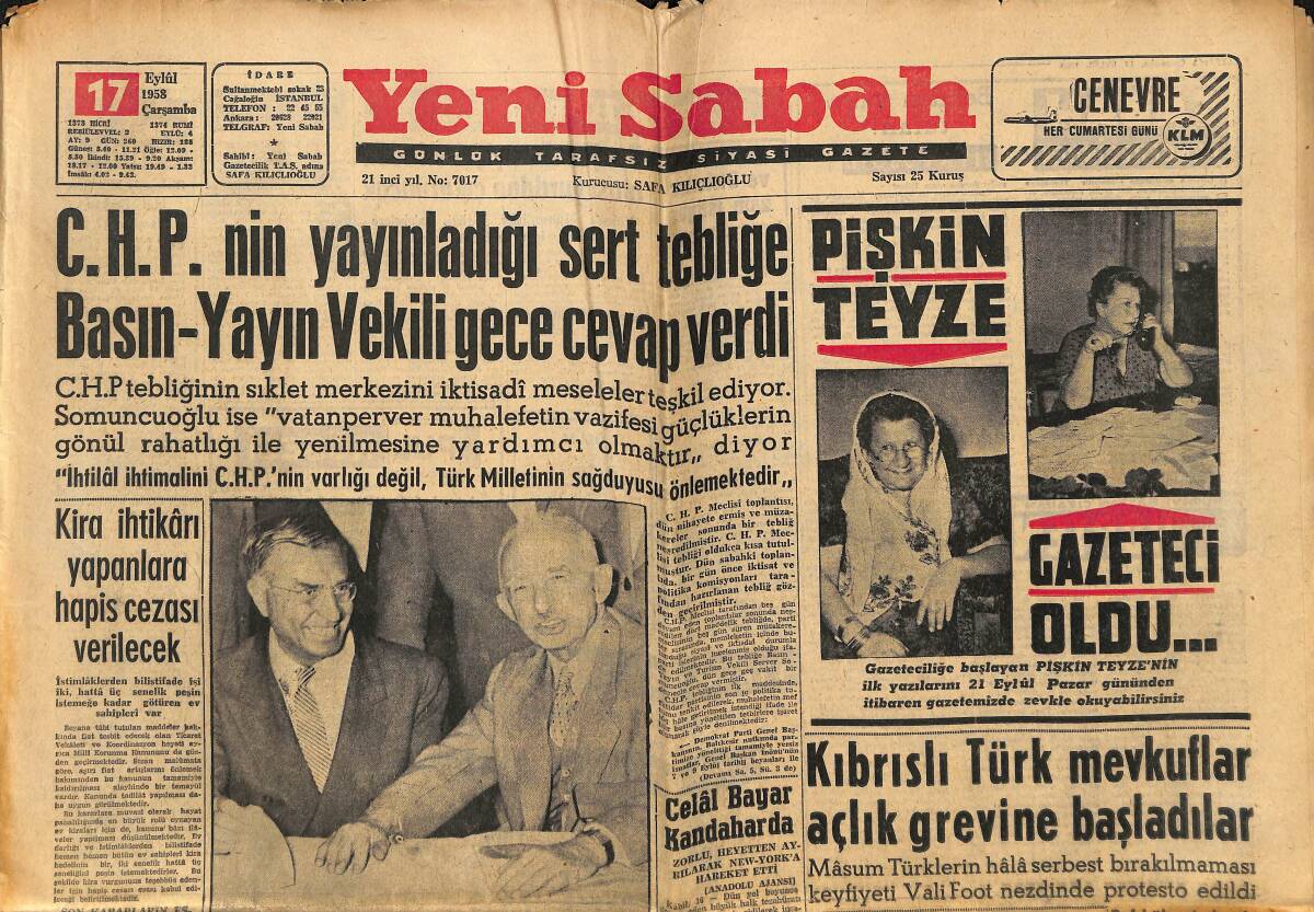 Yeni Sabah Gazetesi 17 Eylül 1958 - Vali Yetkiner , Dün İlk Basın Toplantısını Yaptı - Kıbrıslı Türk Mevkuflar Açlık Grevine Başladılar GZ148357 - 1