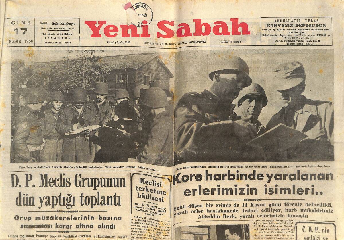 Yeni Sabah Gazetesi 17 Kasım 1950 - Kore Harbinde Yaralanan Erlerimizin İsimleri - Kore'ye Gitmek İsteyen Hemşire GZ146764 - 1