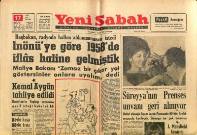 Yeni Sabah Gazetesi 17 Mart 1963 - Süreyyanın Prenses Ünvanı Geri Alınıyor - Vehbi Koç Turizmin Sadece Hikayesi Var dedi GZ123796 - 1