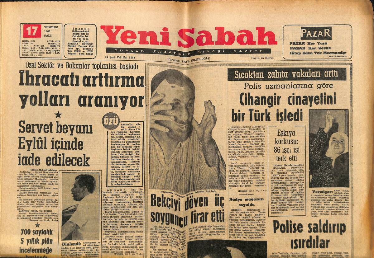 Yeni Sabah Gazetesi 17 Temmuz 1962 - Ali İpar'ın İadesi İsteniyor - İhracatı Arttırma Yolları Aranıyor GZ148327 - 1