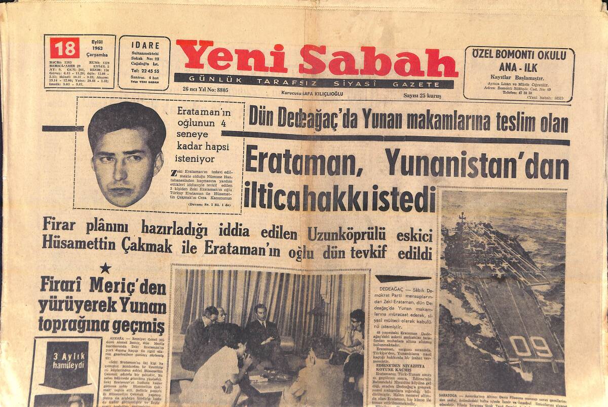 Yeni Sabah Gazetesi 18 Eylül 1963 - Erataman Yunanistan'dan İltica Hakkı İstedi - John Wayne Durmadan Yeni Filmler Çeviriyor GZ157046 - 1