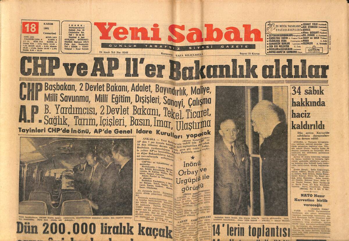 Yeni Sabah Gazetesi 18 Kasım 1961 - Eshot İşçileri Pijamalı Grev Yapacak - CHP Ve AP 11'er Bakanlık Aldılar GZ148384 - 1