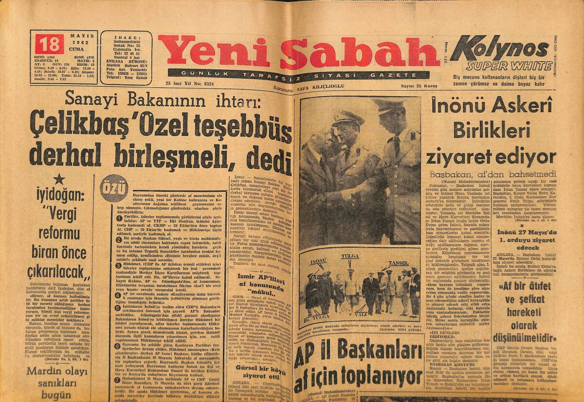 Yeni Sabah Gazetesi 18 Mayıs 1962 - Kruşçef Bulgaristan'da Türkiye'den Bahsetti - İnönü Askeri Birlikleri Ziyaret Ediyor GZ148326 - 1