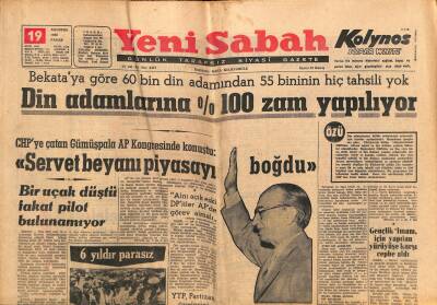 Yeni Sabah Gazetesi 19 Ağustos 1962 - Din Adamlarına %100 Zam Yapılıyor - Irak Uçağını Düşüren Pilot GZ123899 - 1