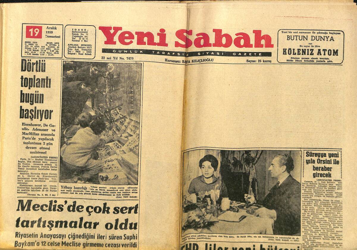 Yeni Sabah Gazetesi 19 Aralık 1959 - İran ŞAhı İle Farah Diba Sık Sık Buluşmakta - Süreyya Yeni Yıla Orsini İle Beraber Girecek - Ali Han'la E. Taylor GZ148238 - 1