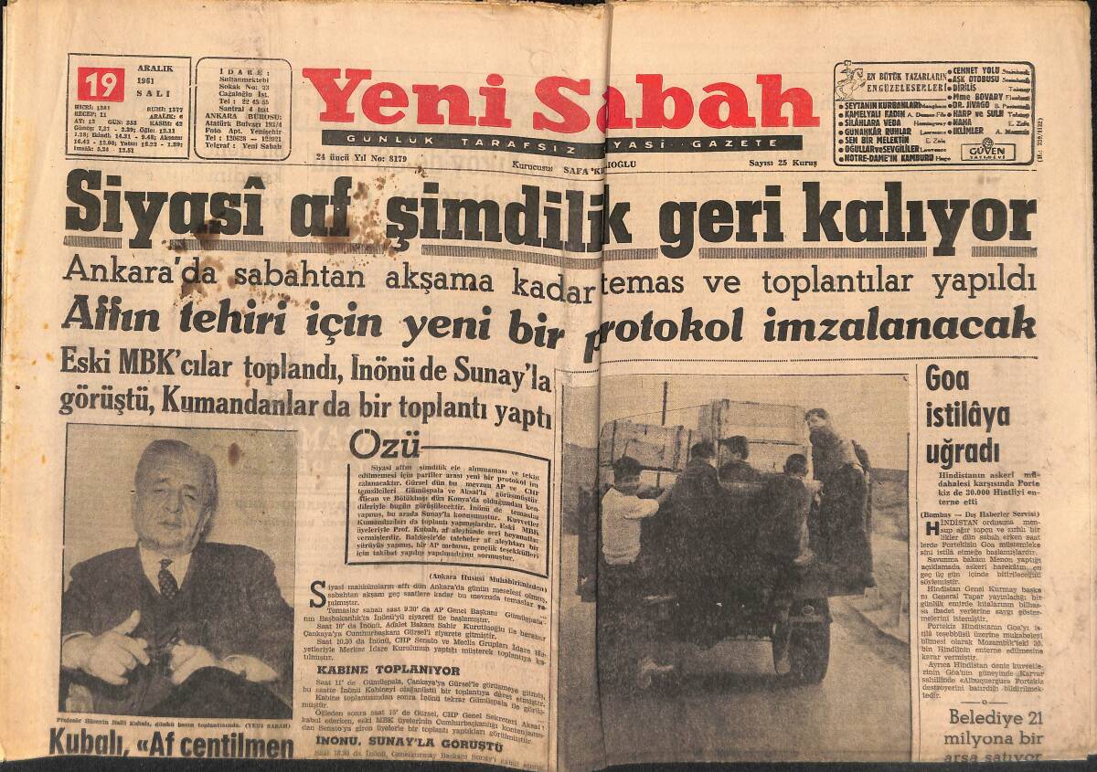 Yeni Sabah Gazetesi 19 Aralık 1961 - Zeki Şahin Servetiyle Övündü - Necdet Uğur Dün Vazifeye Başladı GZ148402 - 1