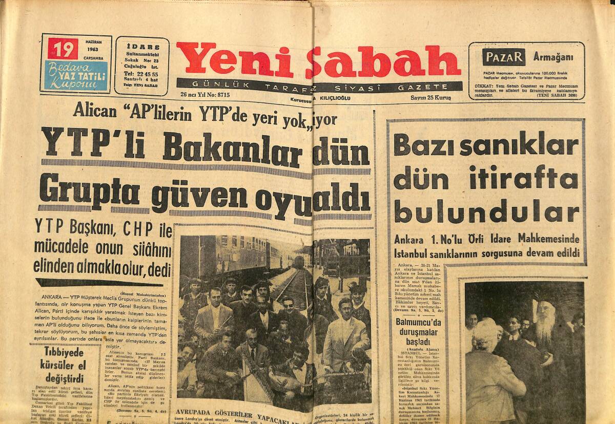 Yeni Sabah Gazetesi 19 Haziran 1963 - Kruşçef Kılıbıkmış - Galatasaray-Fenerbahçe - Marmarsi'te Çıplaklar Kampı Kurulacak GZ148506 - 1