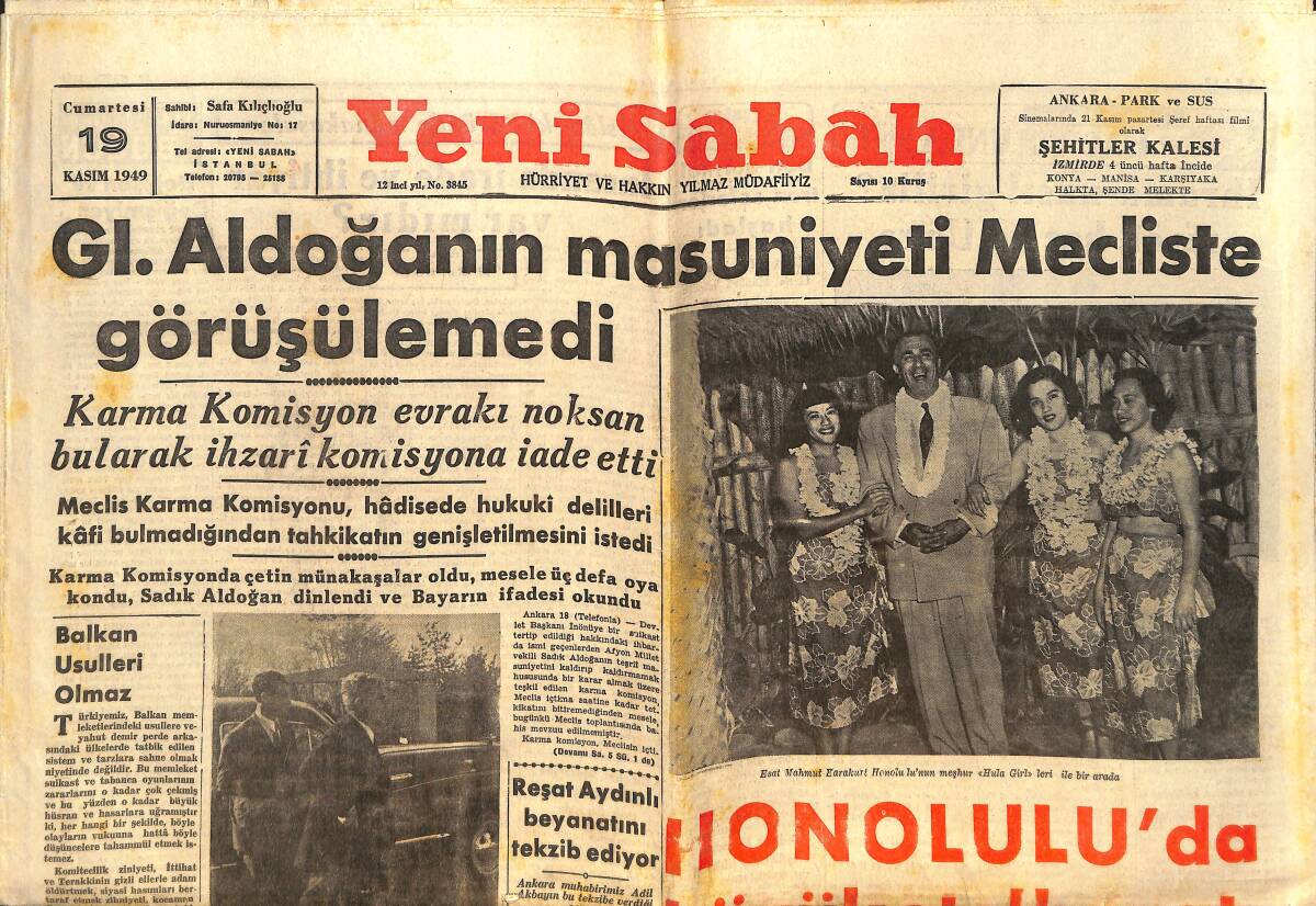 Yeni Sabah Gazetesi 19 Kasım 1949 - Kıtlık Ve Kuraklık İşi Meclis'te - GL. Aldoğanın Masumiyeti Mecliste Görüşülmedi! GZ146554 - 1