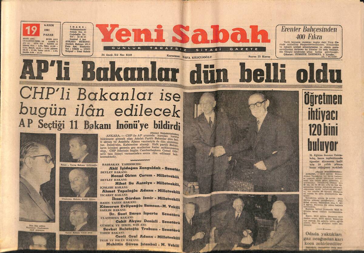 Yeni Sabah Gazetesi 19 Kasım 1961 - Düzce Kaymakamına 15 Gün Mecburi İzin Verildi - AP'li Bakanlar Dün Belli Oldu GZ148383 - 1