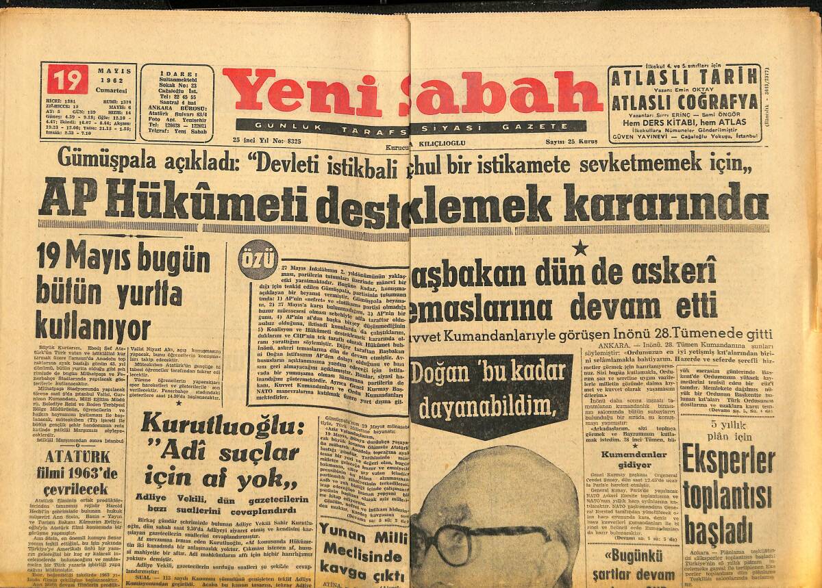 Yeni Sabah Gazetesi 19 Mayıs 1962 - Feyzioğlu OECD Başkanı İle Görüştü - Eksperler Toplantısı Başladı GZ148352 - 1