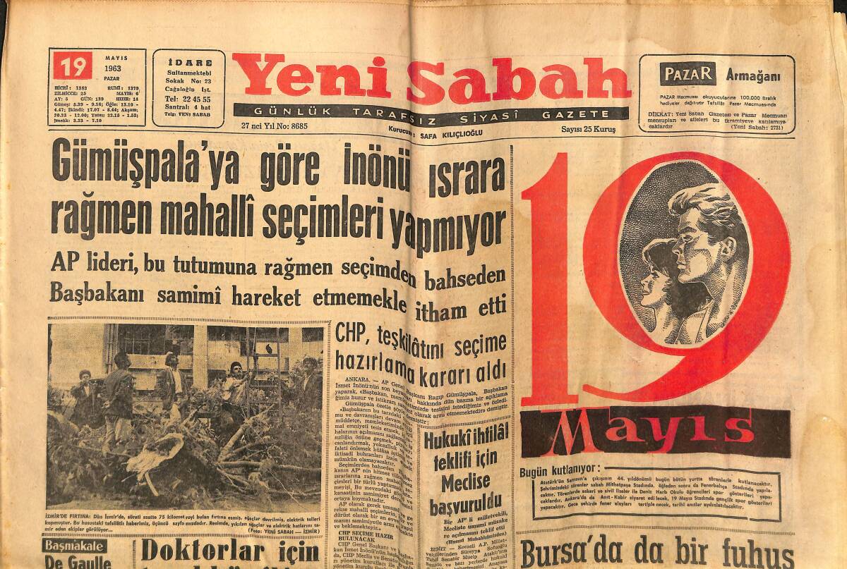 Yeni Sabah Gazetesi 19 Mayıs 1963 - İnönü , Dün Alicanla Bir Saat Görüştü - Galatasaray Ve Beşiktaş Şampiyonluğun 2 Namzeti GZ148420 - 1