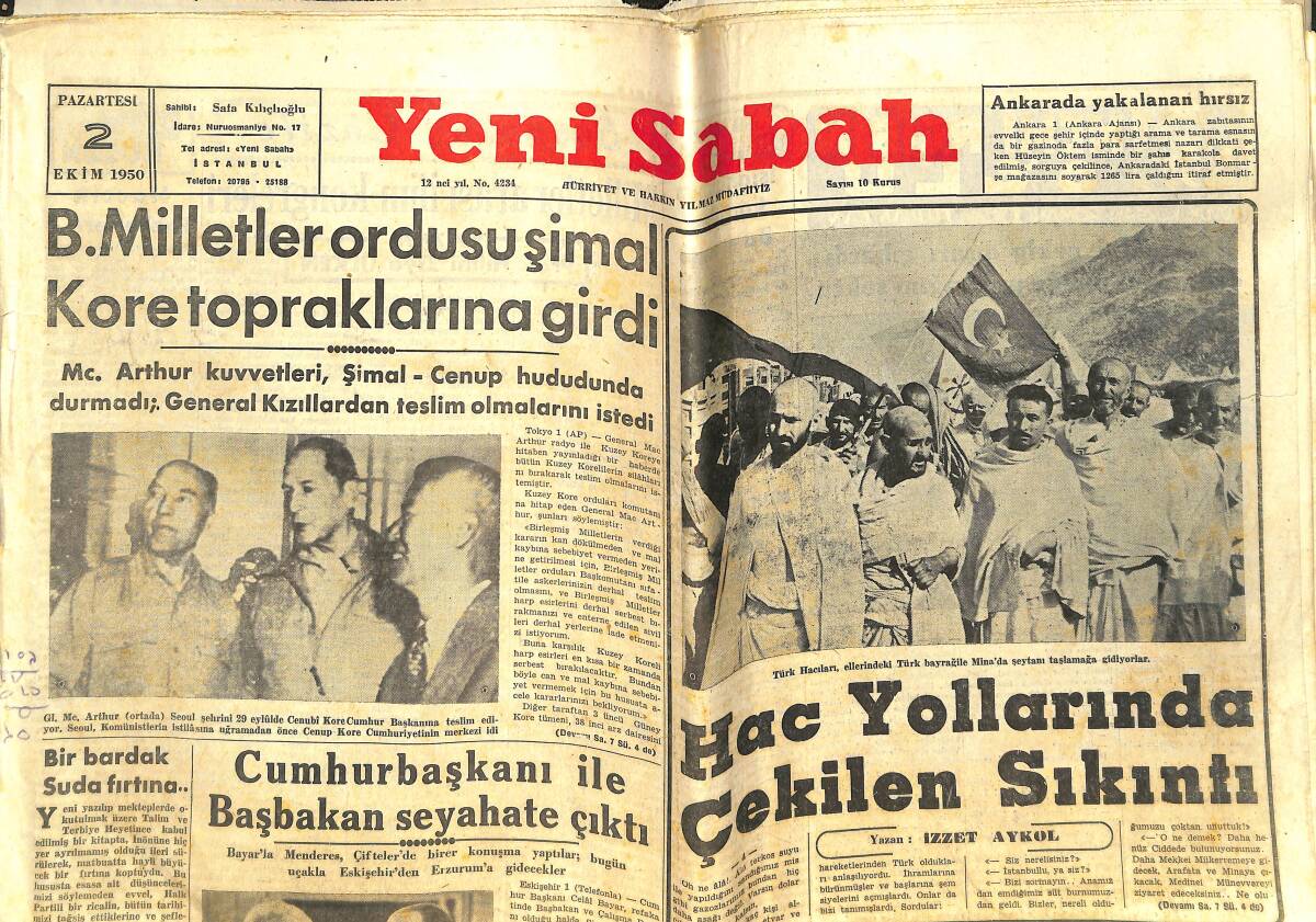 Yeni Sabah Gazetesi 2 Ekim 1950 - Hac Yollarında Çekilen Sıkıntı - B. Milletler Ordusu Şimal Kore Topraklarına Girdi GZ142306 - 1