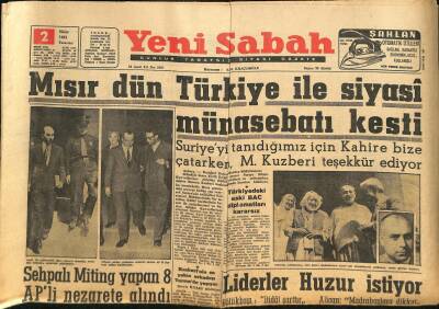 Yeni Sabah Gazetesi 2 Ekim 1961 - Mısır Dün Türkiye İle Siyasi Münasebatı Kesti - Bölükbaşı Ve Aksal Geziye Çıkıyor GZ124102 - 1