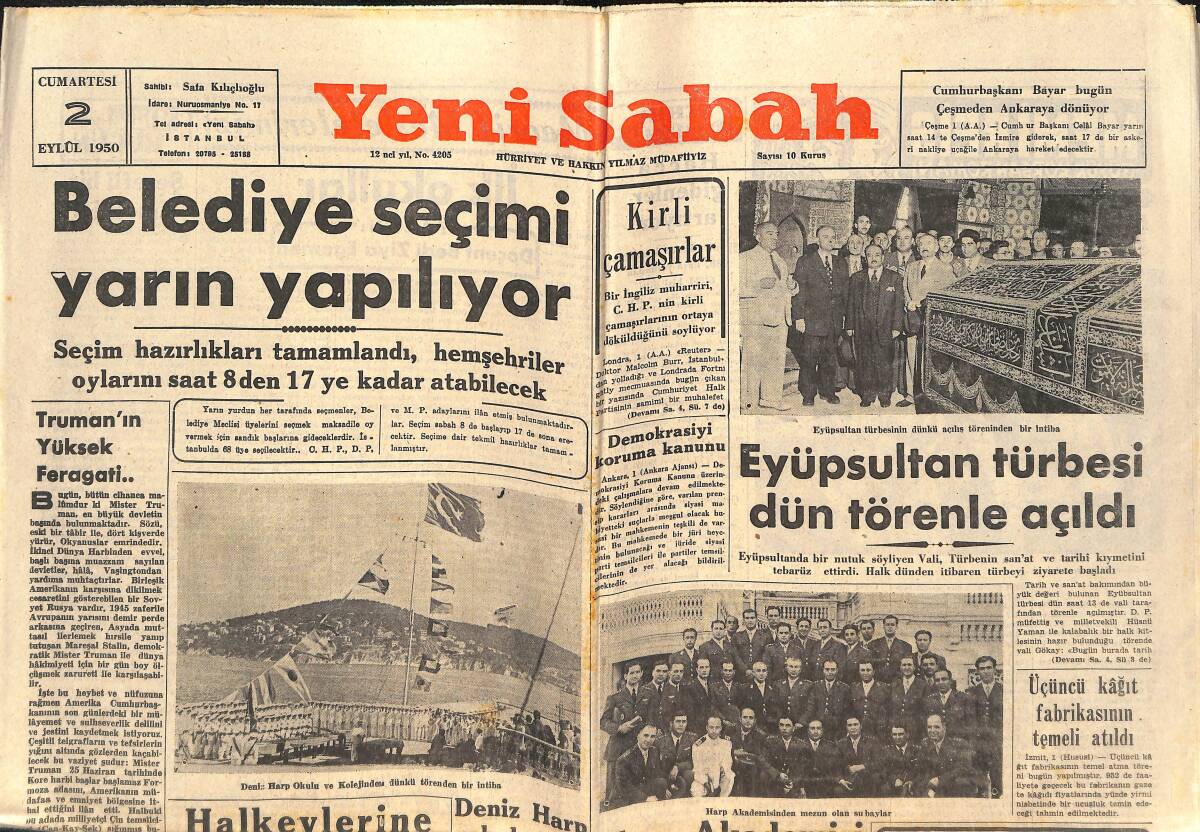 Yeni Sabah Gazetesi 2 Eylül 1950 - Eyüpsultan Türbesi Dün Törenle Açıldı - Schaub Radyo Modeli Seçilecek Fotojeni Kraliçesi Kim ? GZ142405 - 1
