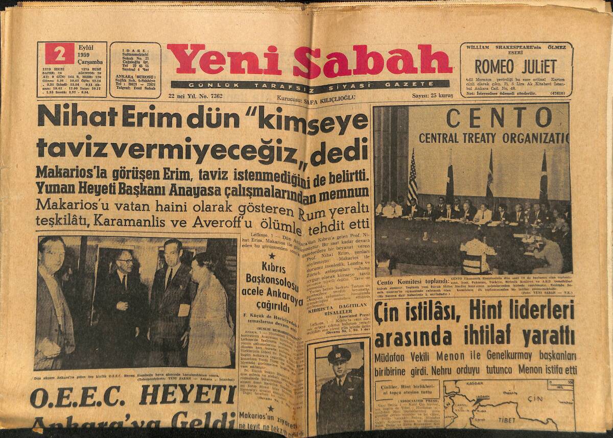 Yeni Sabah Gazetesi 2 Eylül 1959 - Çin İstilası Hint Liderleri Arasında İhtilaf Yarattı - Nihat Erim Kimseye Taviz Vermeyeceğiz Dedi GZ148484 - 1