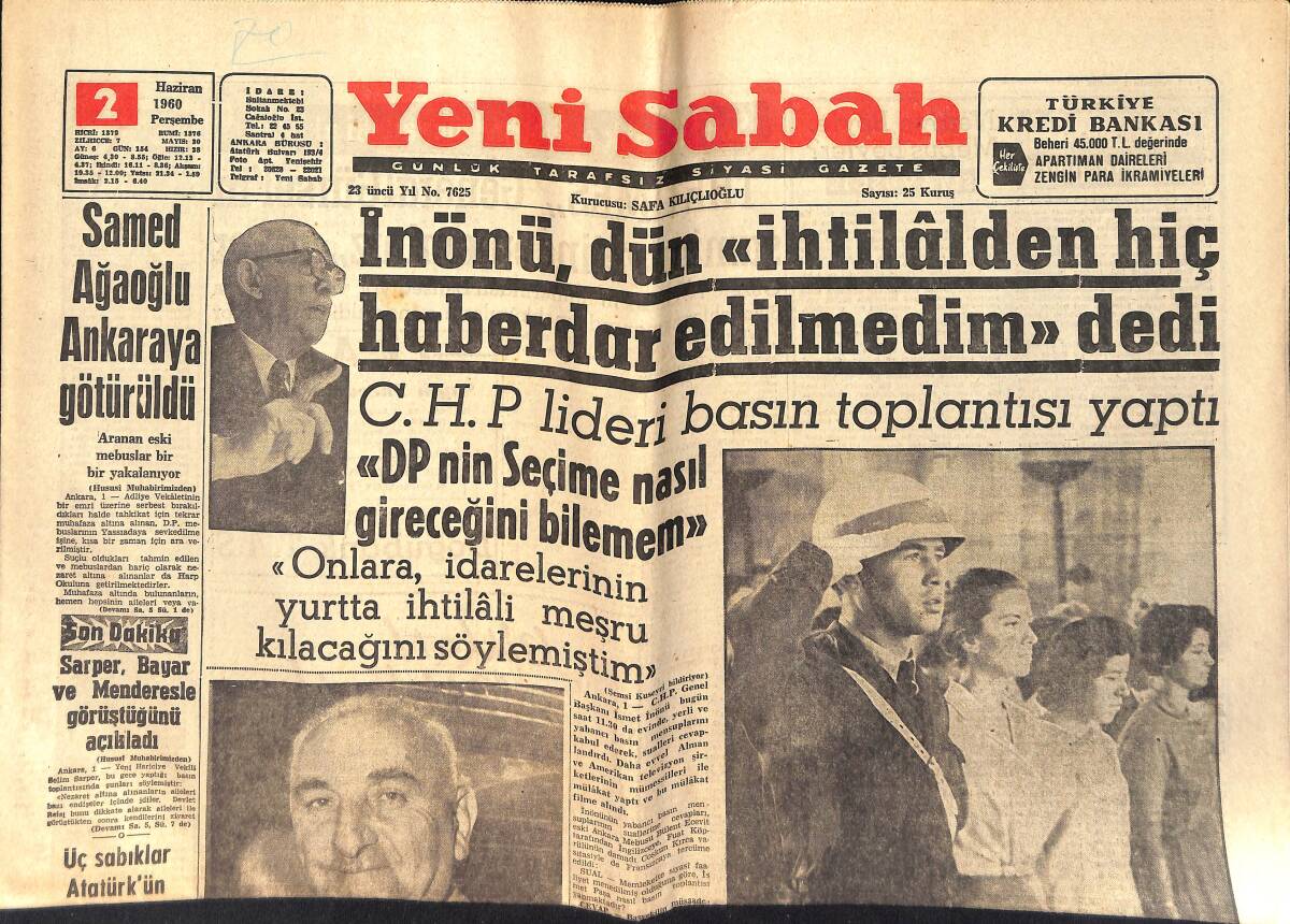 Yeni Sabah Gazetesi 2 Haziran 1960 - Samed Ağaoğlu Ankara'ya Götürüldü - Davutpaşa Kışlasına 41 Kişi Daha Sevkedildi GZ153974 - 1