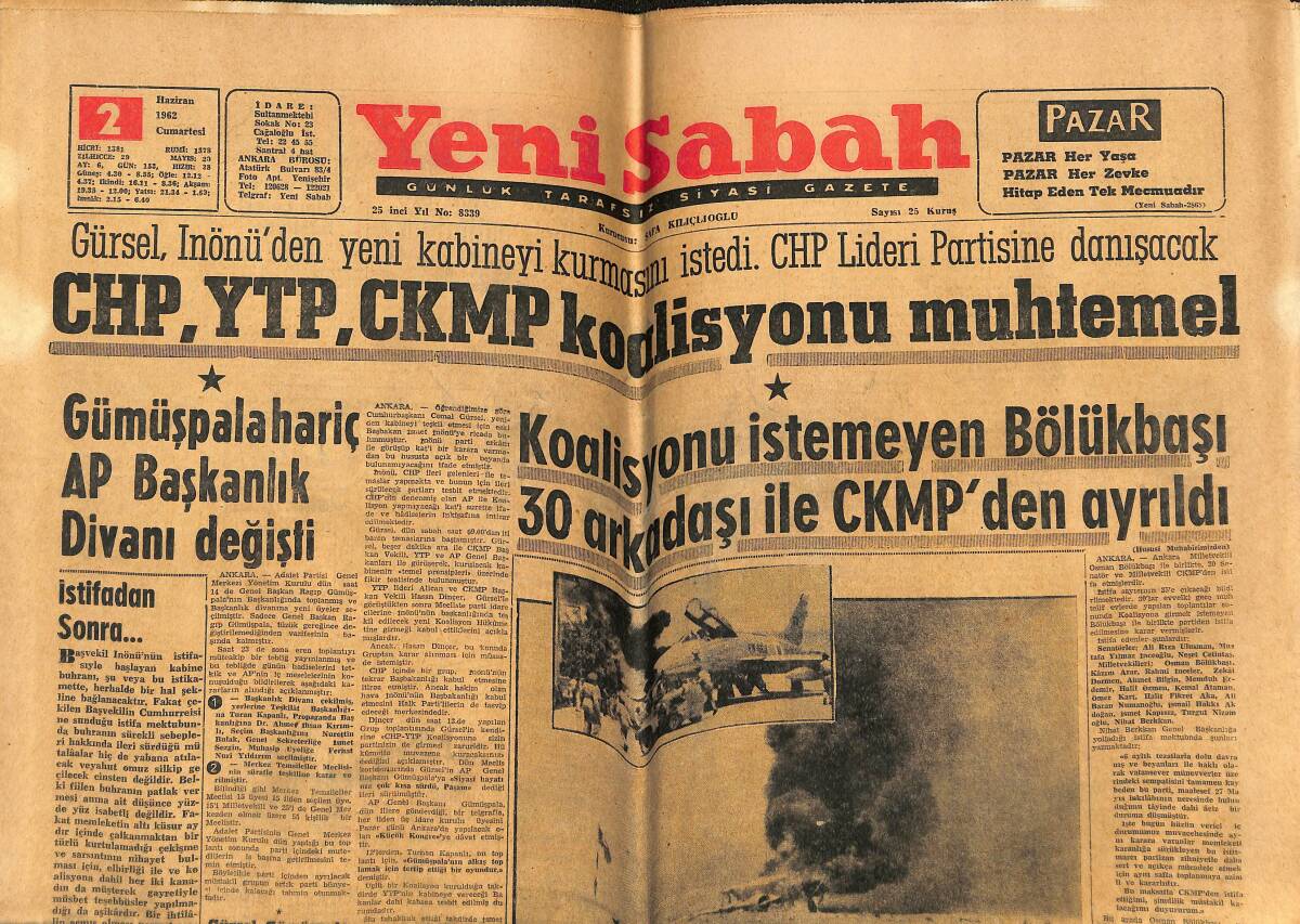 Yeni Sabah Gazetesi 2 Haziran 1962 - Eskişehir'de Bir Jet Düştü , 3 Ölü 45 Yaralı Var GZ142936 - 1