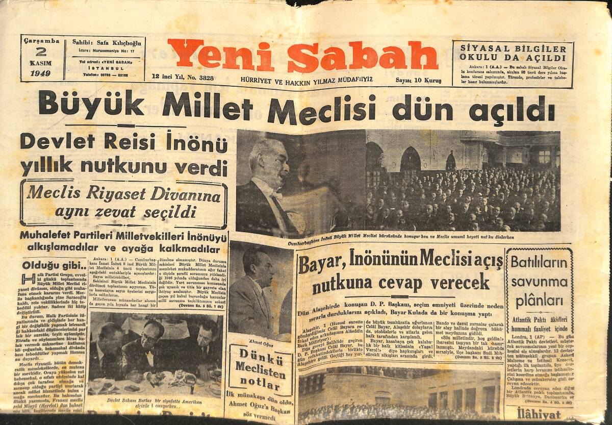 Yeni Sabah Gazetesi 2 Kasım 1949 - Büyük Millet Meclisi Dün Açıldı - Türk Ve İslam Eserleri Müzesi Dün Açıldı! GZ146664 - 1