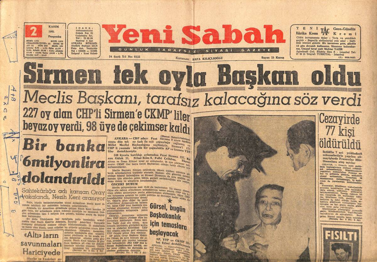 Yeni Sabah Gazetesi 2 Kasım 1961 - Sirmen Tek Oyla Başkan Oldu - Cezayir'de 77 Kişi Öldürüldü GZ148394 - 1