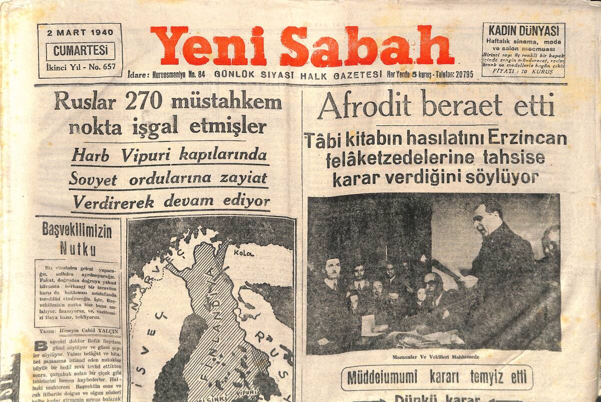 Yeni Sabah Gazetesi 2 Mart 1940 - Afrodit Beraat Etti - Sumner Welles Bugün Hitlerle Görüşüyor - Almanya'nın Sulh Gayesi GZ141383 - 1