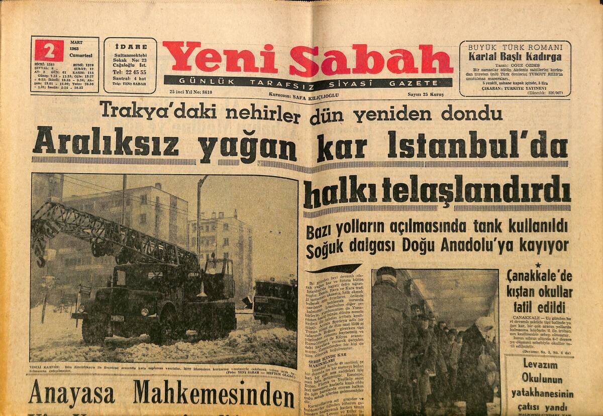 Yeni Sabah Gazetesi 2 Mart 1963 - Çanakkale'de Kıştan Okullar Tatil Edildi - İzmirli Chessman Dün Sabah Asıldı GZ148339 - 1