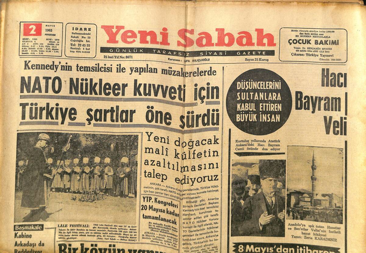 Yeni Sabah Gazetesi 2 Mayıs 1963 - NATO Nükleer Kuvveti İçin Türkiye Şartlar Öne Sürdü - Christian Dior, YSL GZ148501 - 1