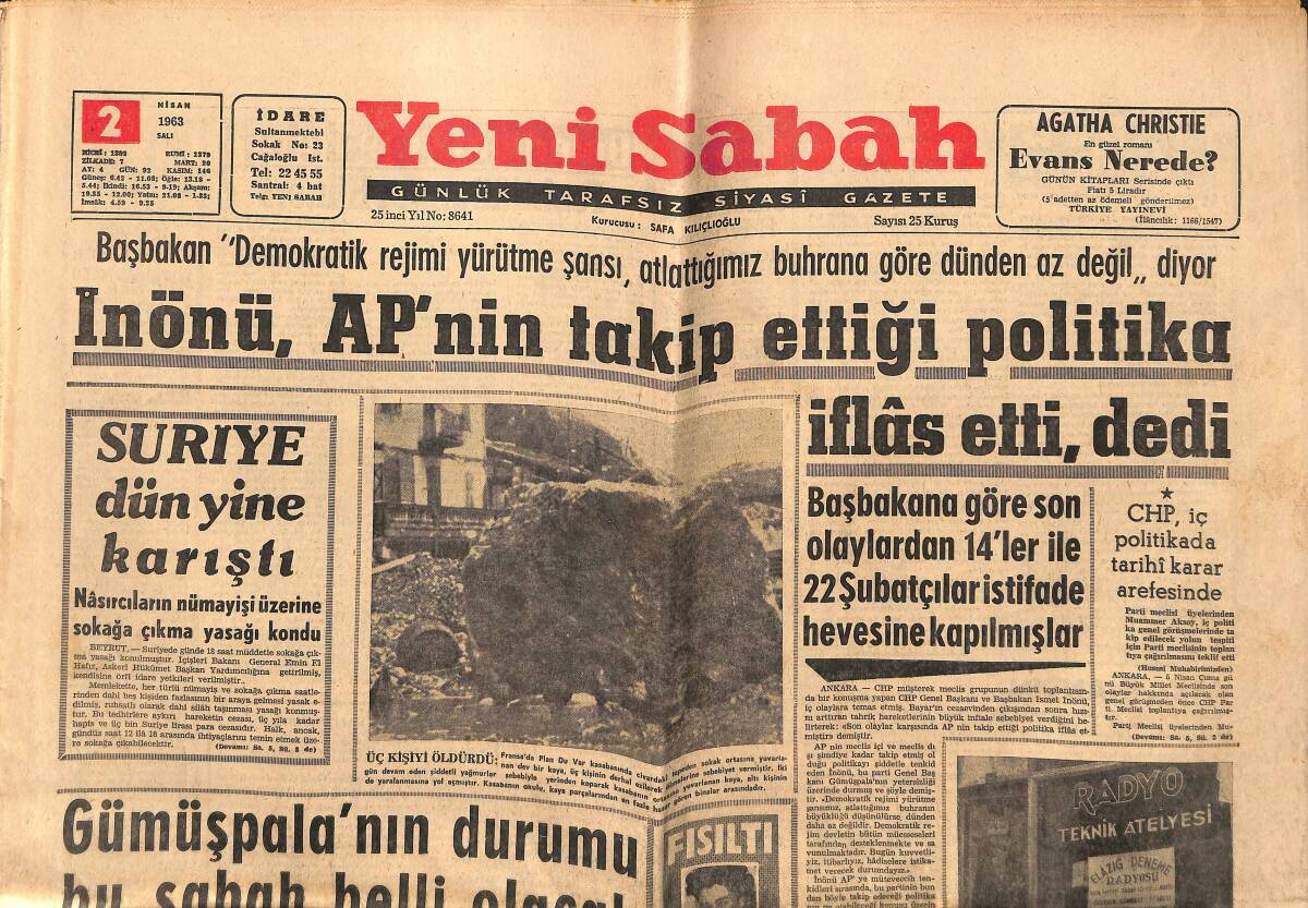 Yeni Sabah Gazetesi 2 Nisan 1963 - İskenderun'da Kızamıktan 95 Çocuk Öldü - İnönü , AP'nin Takip Ettiği Politika İflâs Dedi GZ148683 - 1