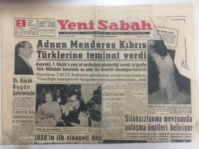 Yeni Sabah Gazetesi 2 Ocak 1958 - Adnan Menderes Kıbrıs Türklerine Teminat Verdi GZ52208 - 1
