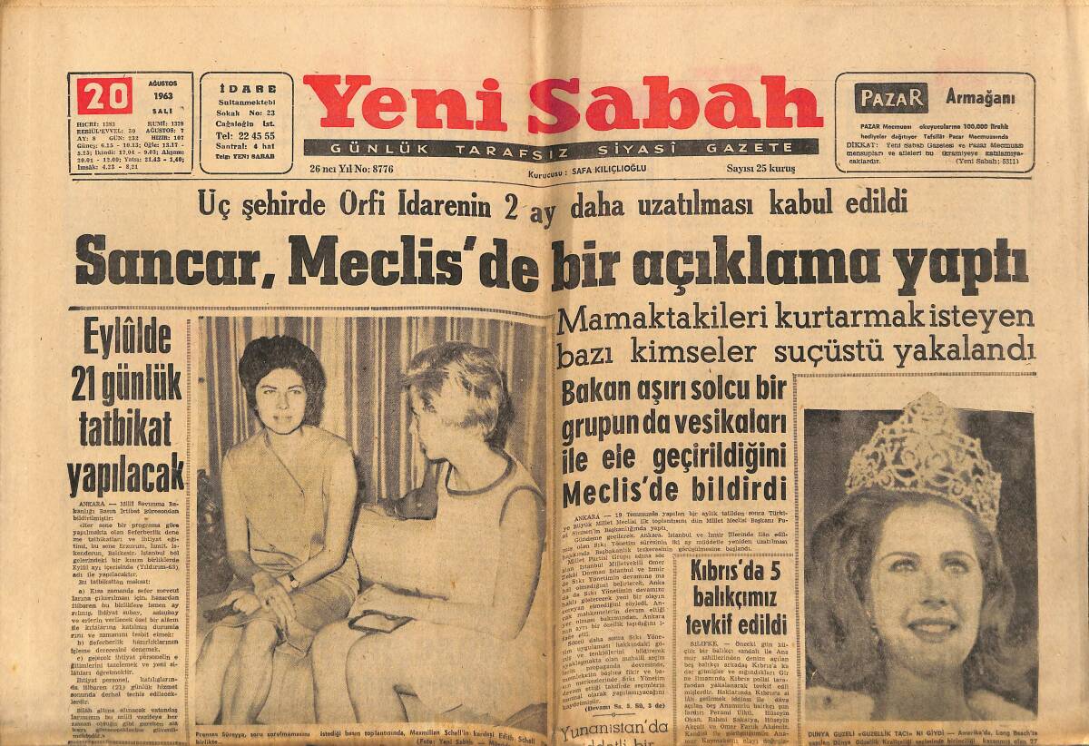 Yeni Sabah Gazetesi 20 Ağustos 1963 - Prenses Süreyya İstanbul'un Ve Yazın Tadını Çıkarmaya Başladı GZ148406 - 1