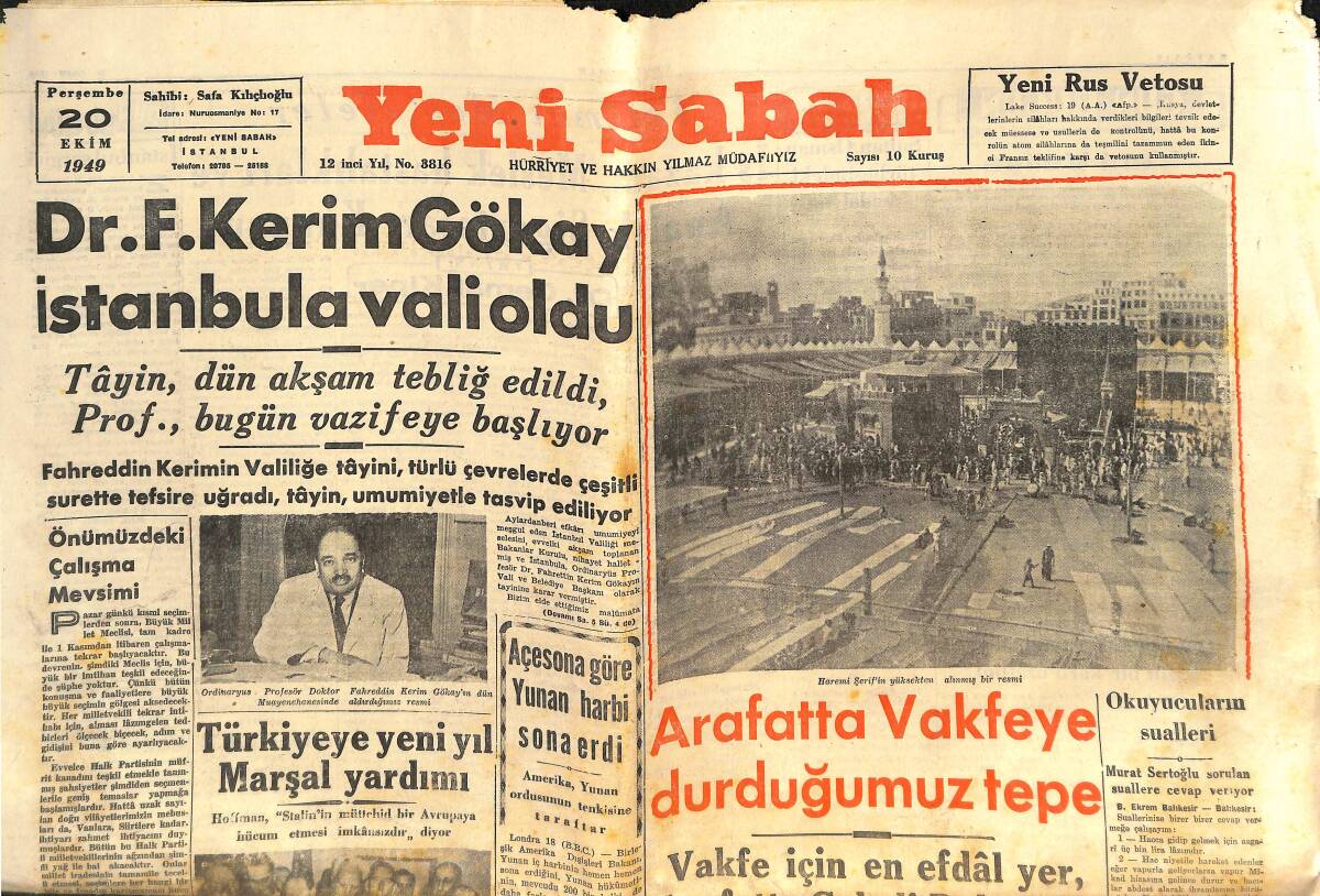 Yeni Sabah Gazetesi 20 Ekim 1949 - Dr. F. Kerim Gökay İstanbul!a Vali Oldu! - Bulgar-Türk Münasebetleri - Türkiye'ye Yeni Yıl Marşal Yardımı GZ146661 - 1
