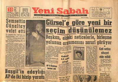 Yeni Sabah Gazetesi 20 Ekim 1961 - Gürsele Göre Yeni Bir Seçim Düşünülemez - Şemsettin Günaltay Vefat Etti GZ124163 - 1