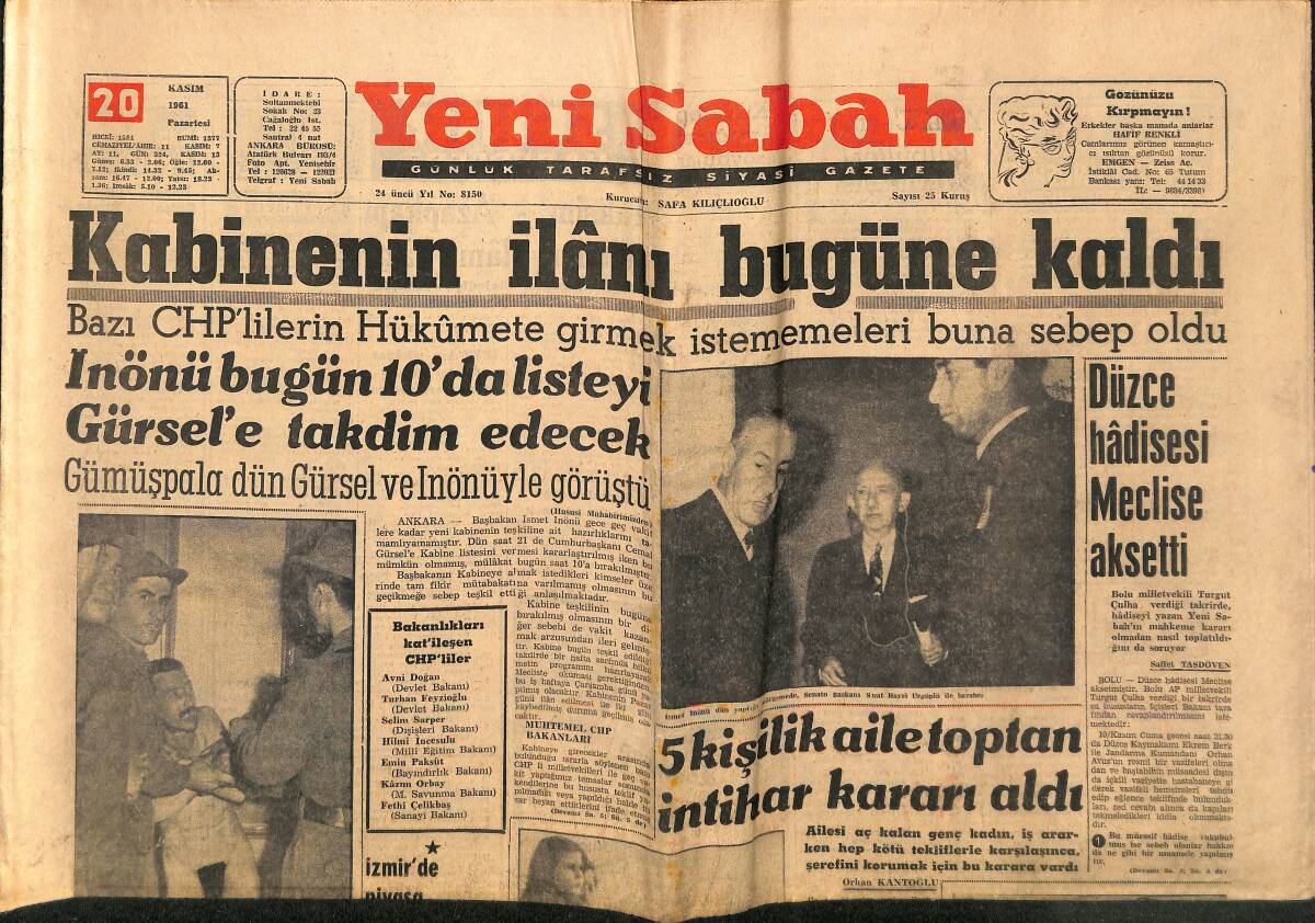 Yeni Sabah Gazetesi 20 Kasım 1961 - Kabinenin İlânı Bugüne Kaldı - 46 DP'lileri Köprülü İle Temasa Geçirdiler GZ148382 - 1