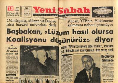 Yeni Sabah Gazetesi 20 Kasım 1963 - Gazanfer Bilge Tevkif Edildi - Eroğana Göre CHP Hükümette Kalamaz GZ123832 - 1