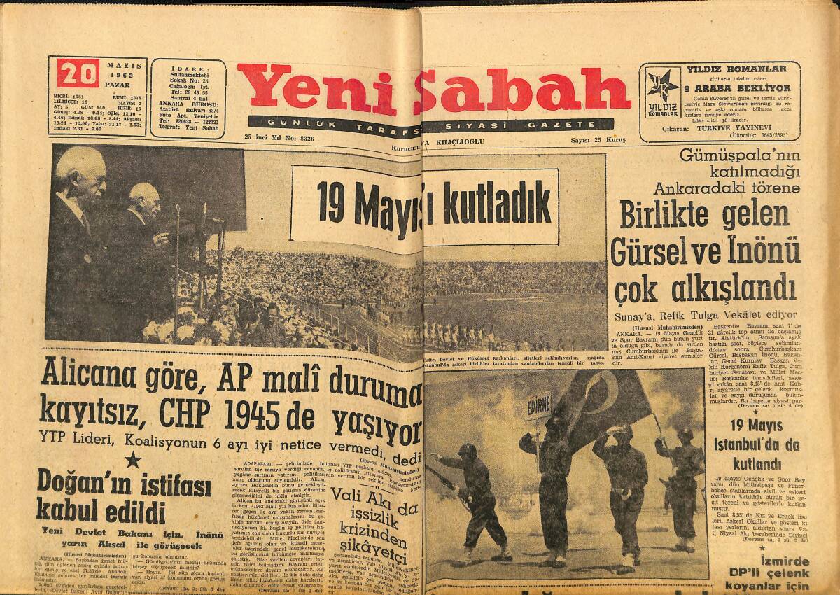 Yeni Sabah Gazetesi 20 Mayıs 1962 - Alican'a Göre , AP Mali Duruma Kayıtsız , CHP 1945'de Yaşıyor GZ148351 - 1