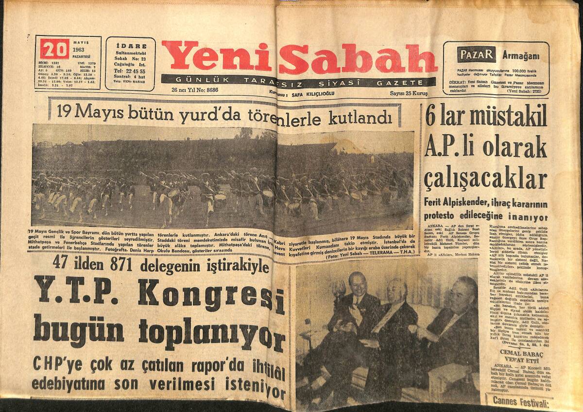 Yeni Sabah Gazetesi 20 Mayıs 1963 - 55'lerden Ali Bucak'ı Hasmı Vurup Öldürdü - Y.T.P. Kongresi Bugün Toplanıyor GZ148419 - 1